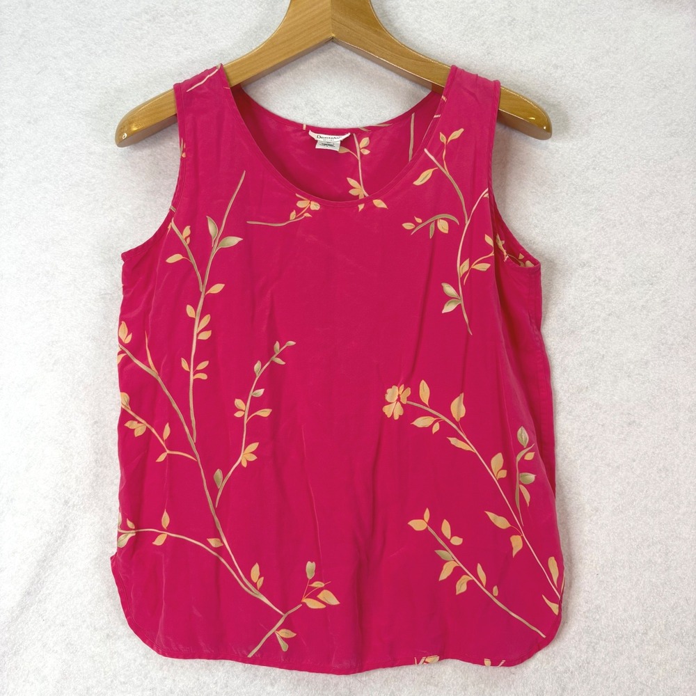 100% Silk Floral Print Pink Sleeveless Top Women L Vtg Cottagecore Minimalist